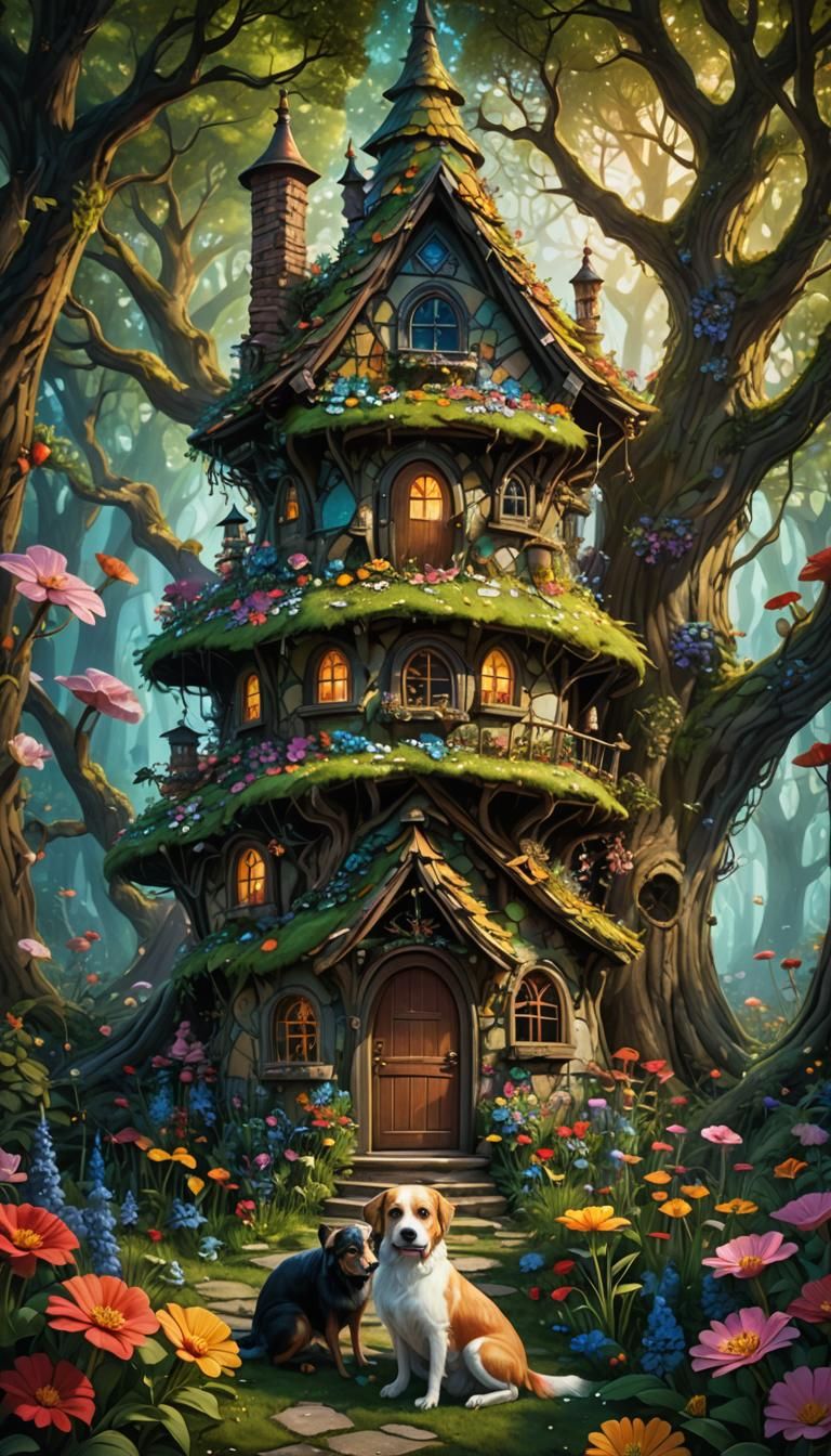 fairy house in the woods with loads of flowers all over a girl in the yard with her dog alice and wonderland feel to it ...