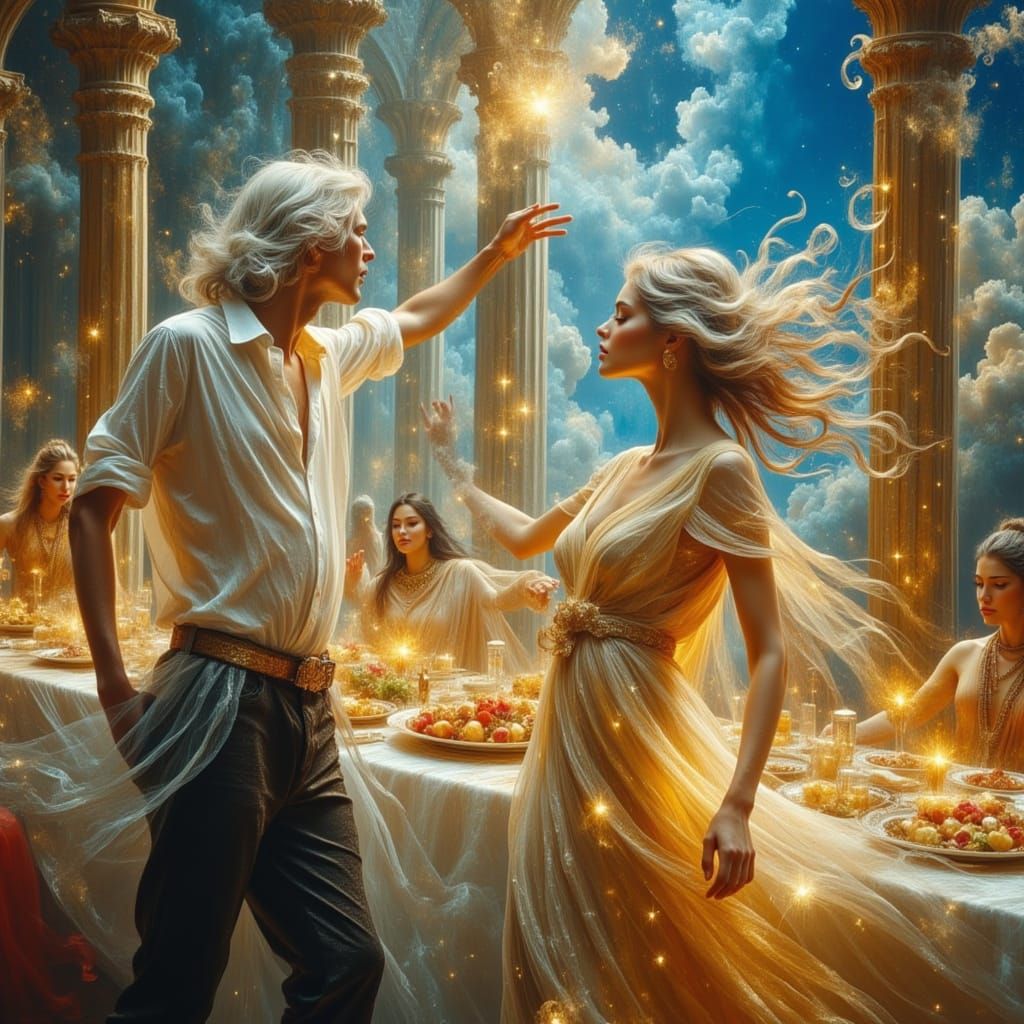 Cosmic Balcony Dance with Gods in Epic Fantasy Style