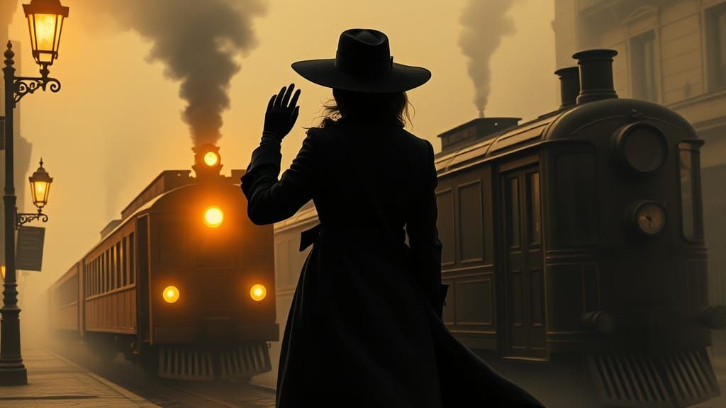 Steampunk Woman Waves at Train in Golden Parisian Glow