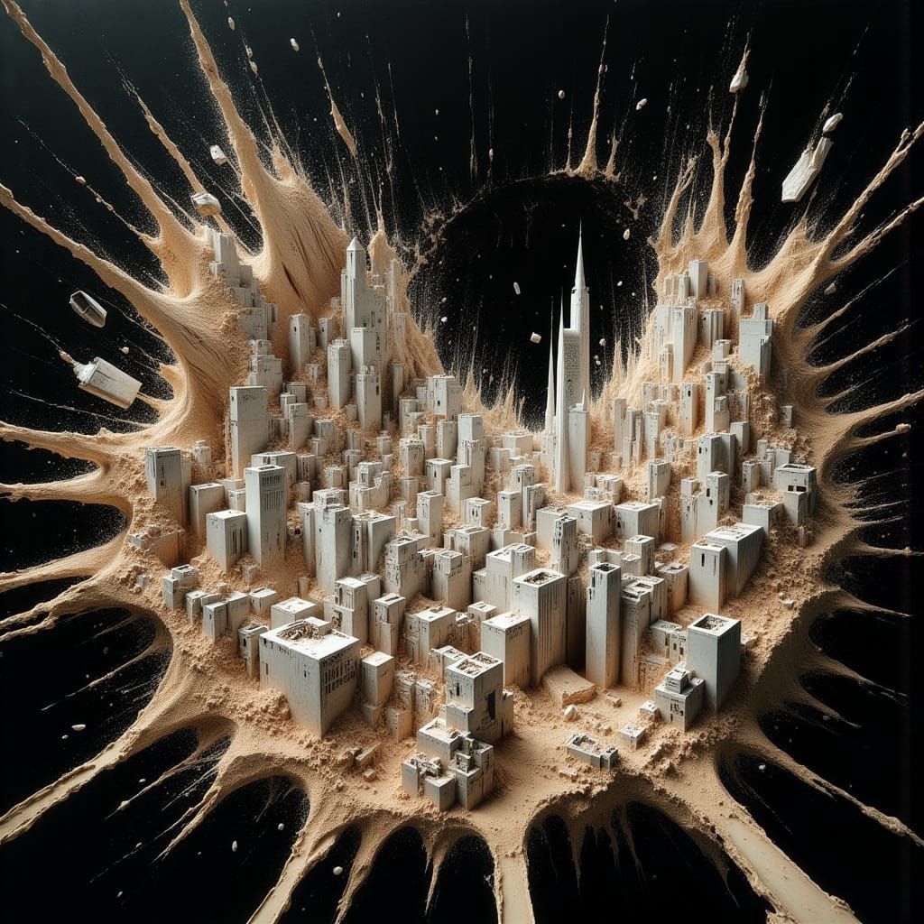 Sandstorm Devours City in Dystopian Oil Painting