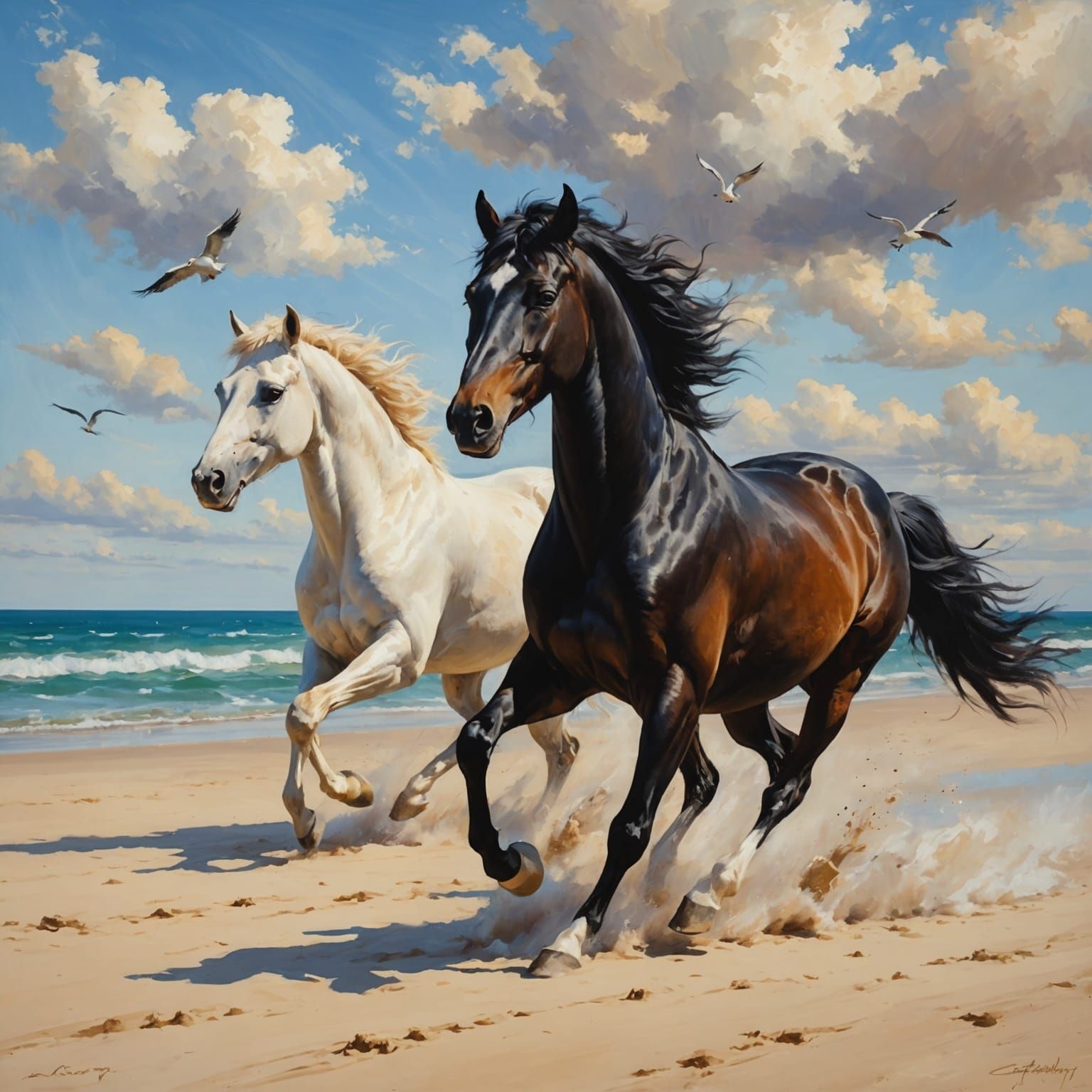 One black horse and one white mare running on the beach.