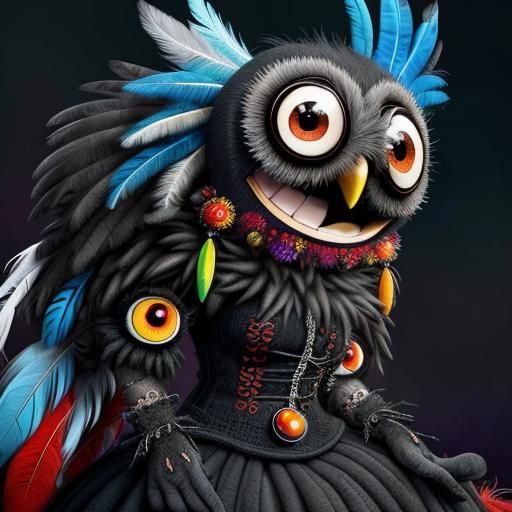 Whimsical Googly-Eyed Owl in Gothic Punk Style