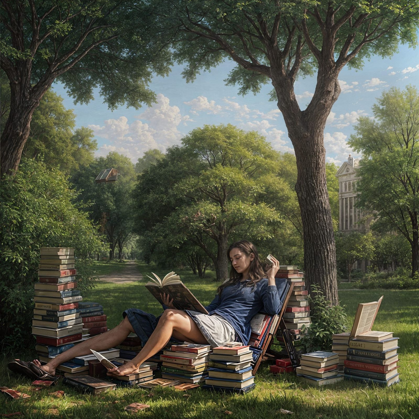 A tired college student rests under a tree, surrounded by bo...