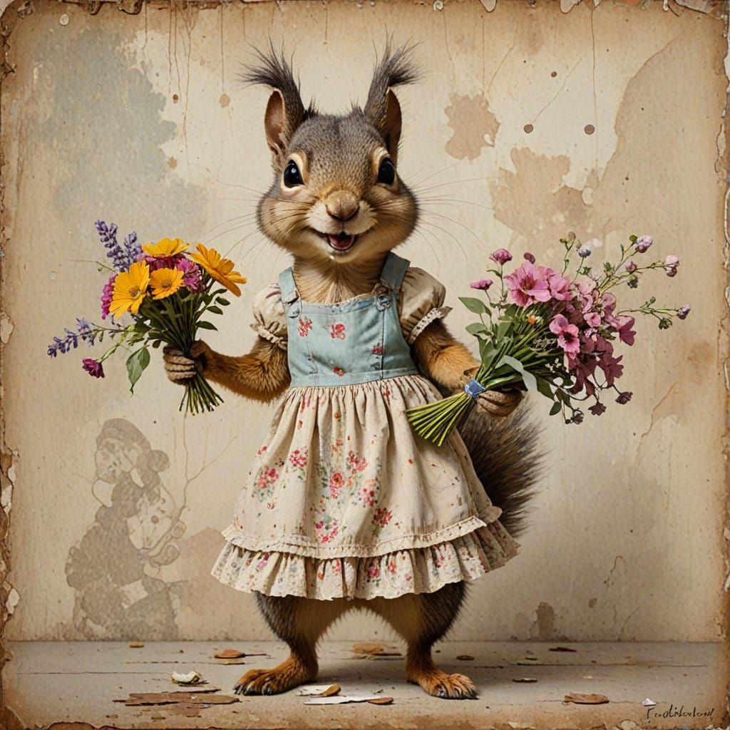 Whimsical Squirrel Portrait in Quirky Mixed Media Style