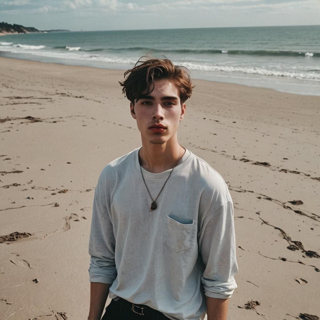 Grunge Guy with Plump Lips at the Beach