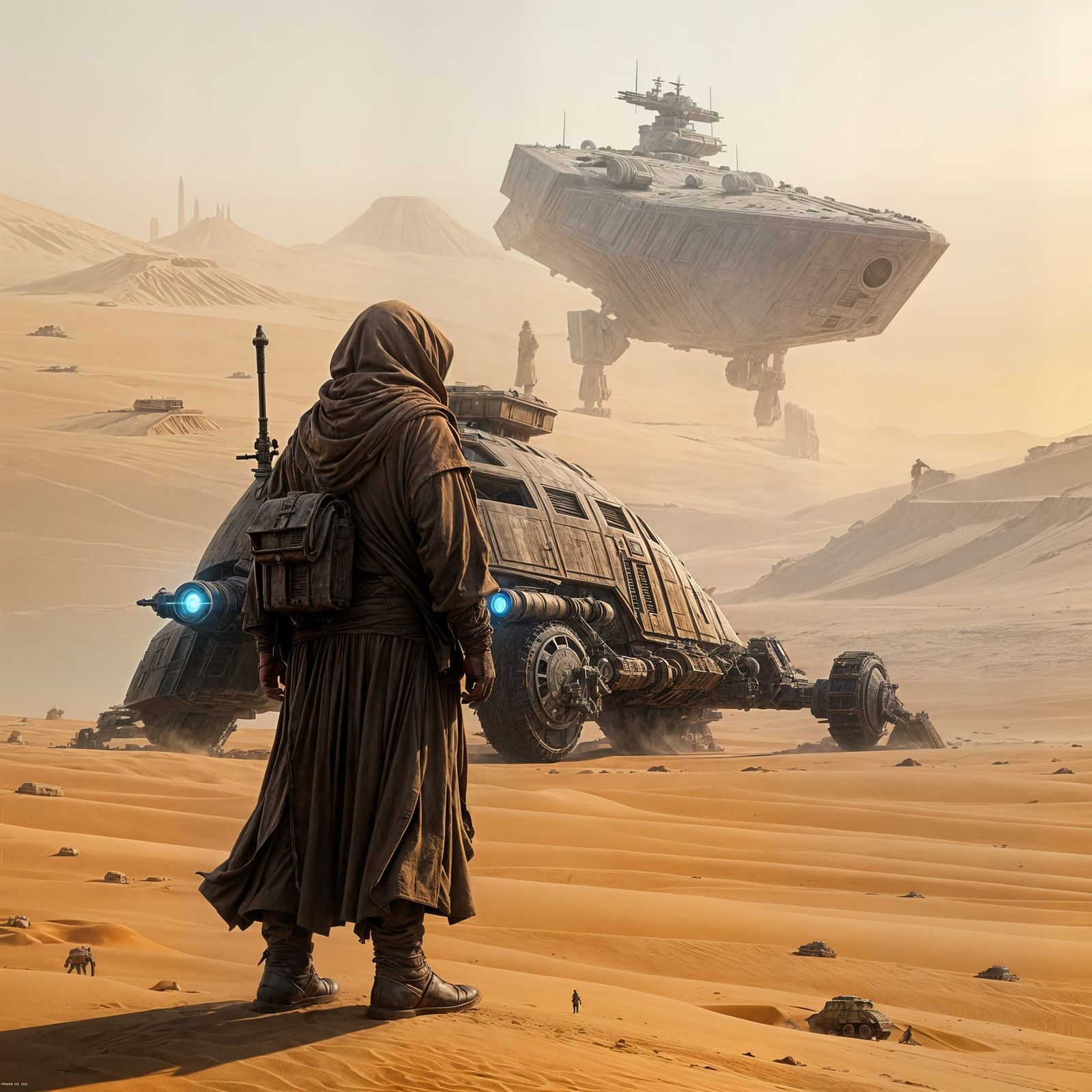 Jawa Scavenger Contemplates Imperial Wreckage in Dune Sea