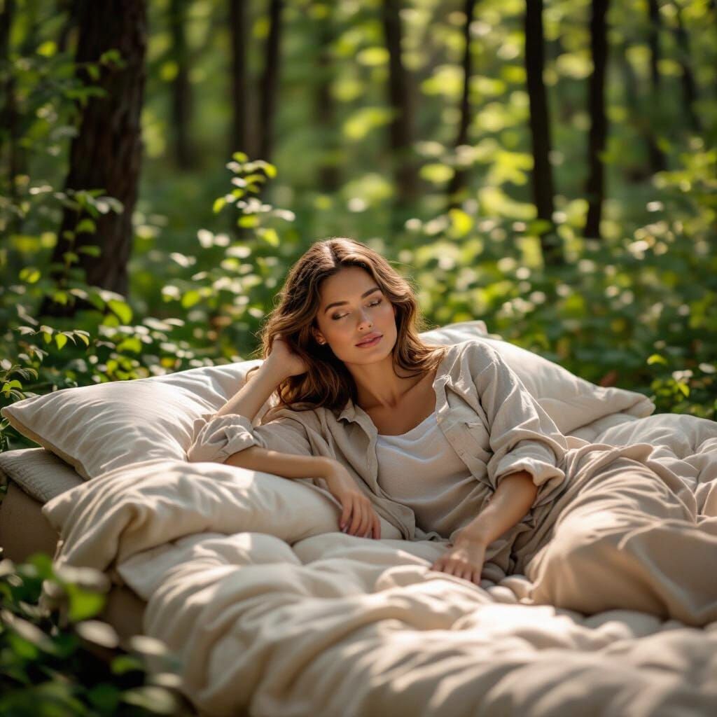Serene Woman Relaxing in Forest, Commercial Photography