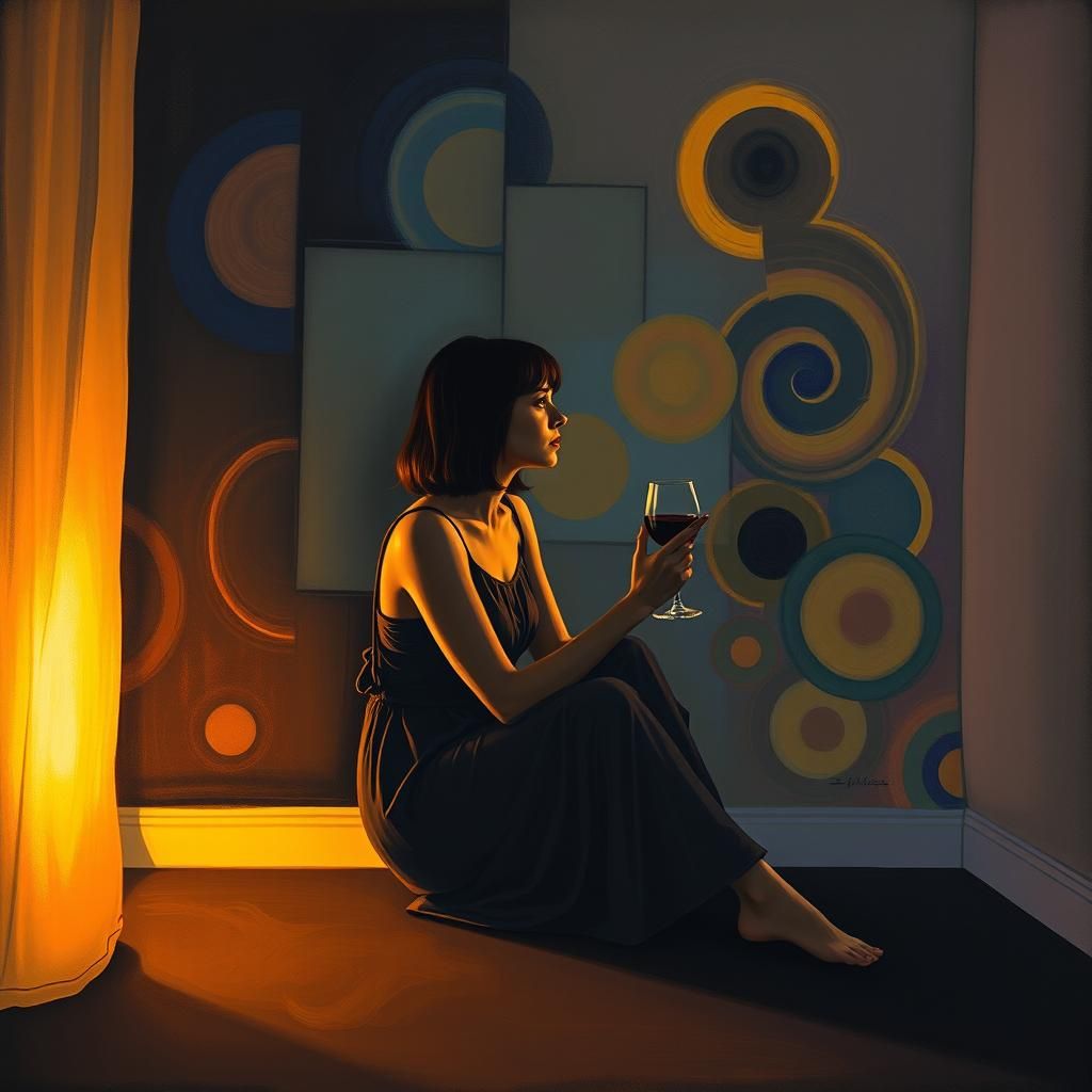 Contemplative Woman with Wine in Abstract Expressionist Styl...