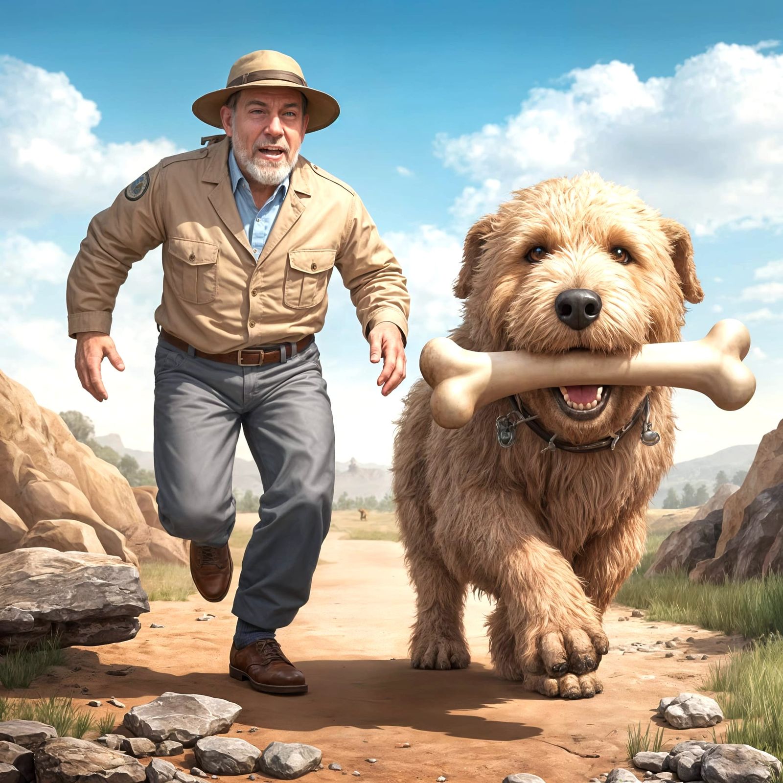 Paleontologist Chases Happy Dog Through Dig Site in Photorea...