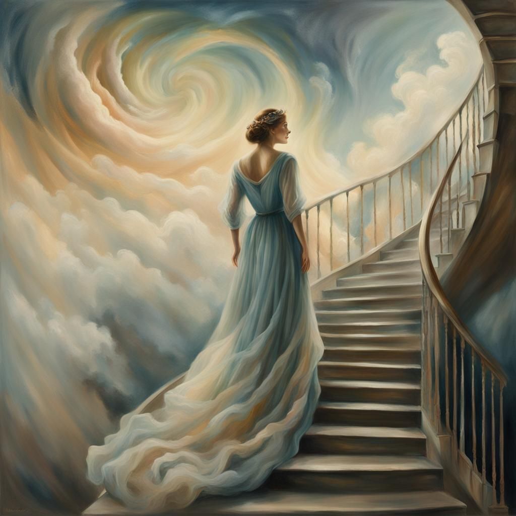 Ethereal Woman on Winding Stairway: Surreal Oil Painting