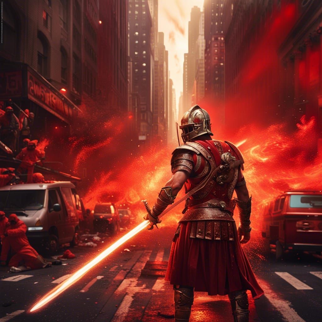 Gladiator with Red Light Sword in Burning New York