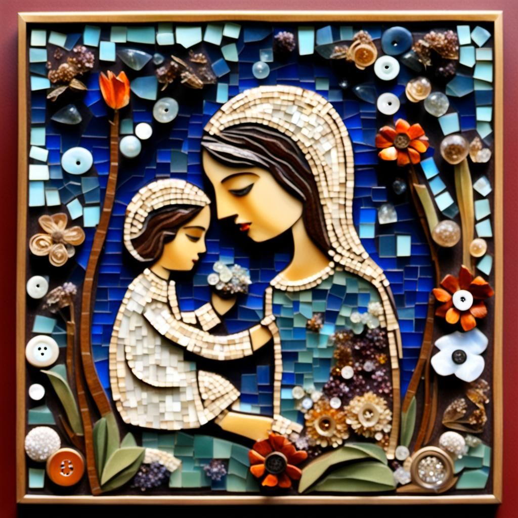 Embossed Mosaic Art: Mother and Child with Flowers