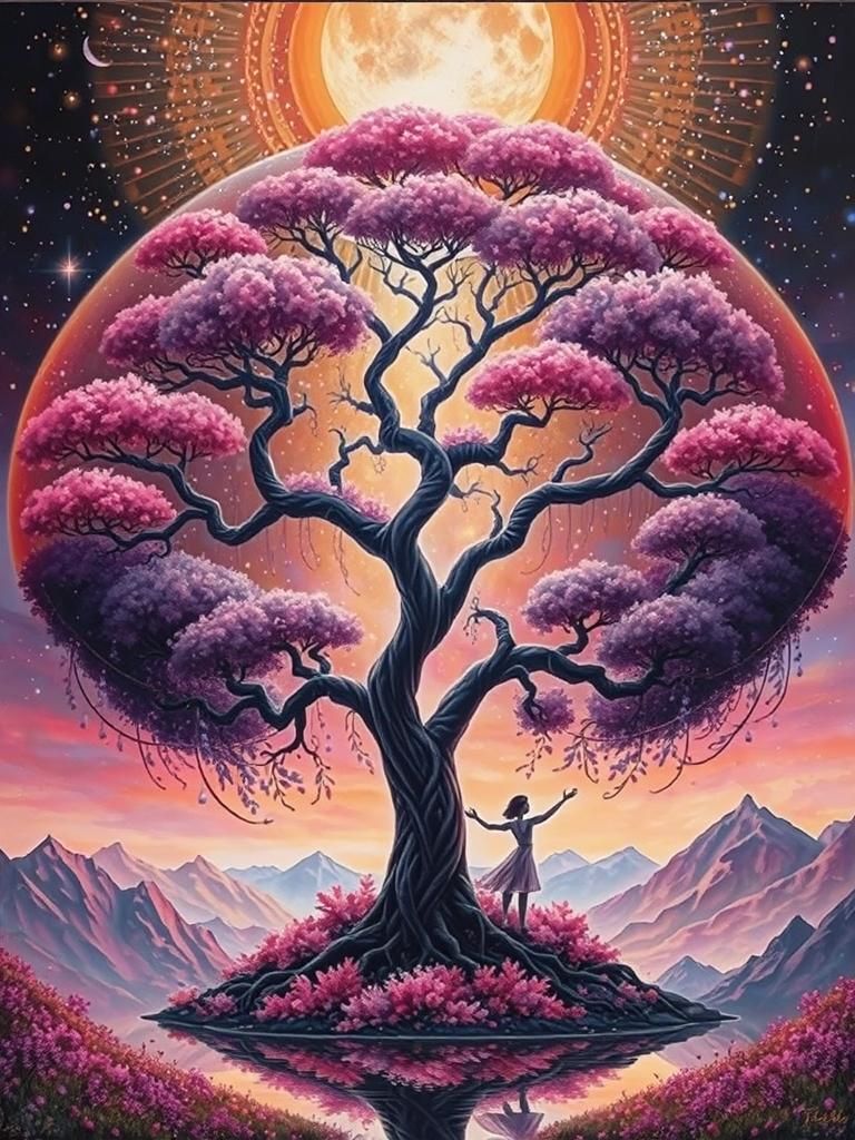 Pink Tree of Life Under a Glittering Moon