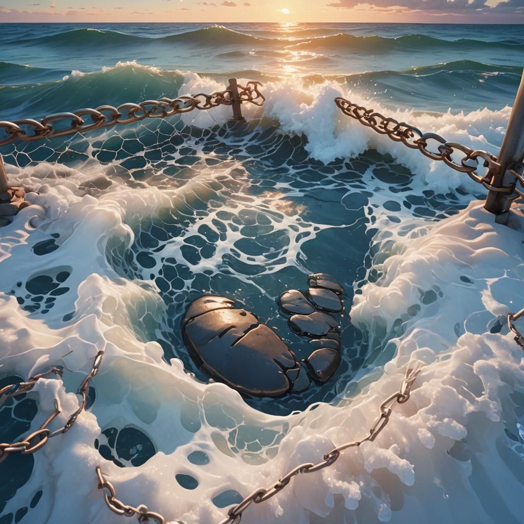 Giant Footprint Crushing Fence on Ocean Shore