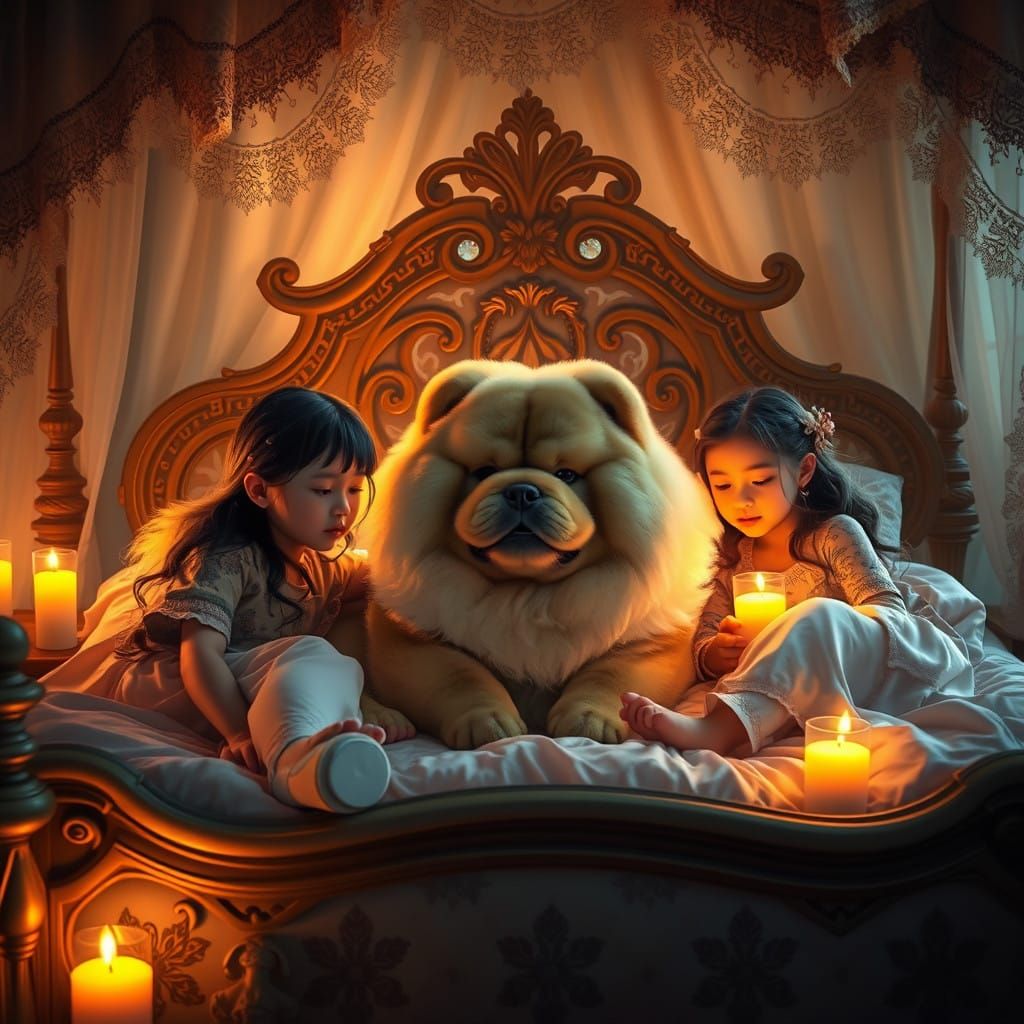 Chow Chow Surrounded by Young Girls in Whimsical Candlelit P...