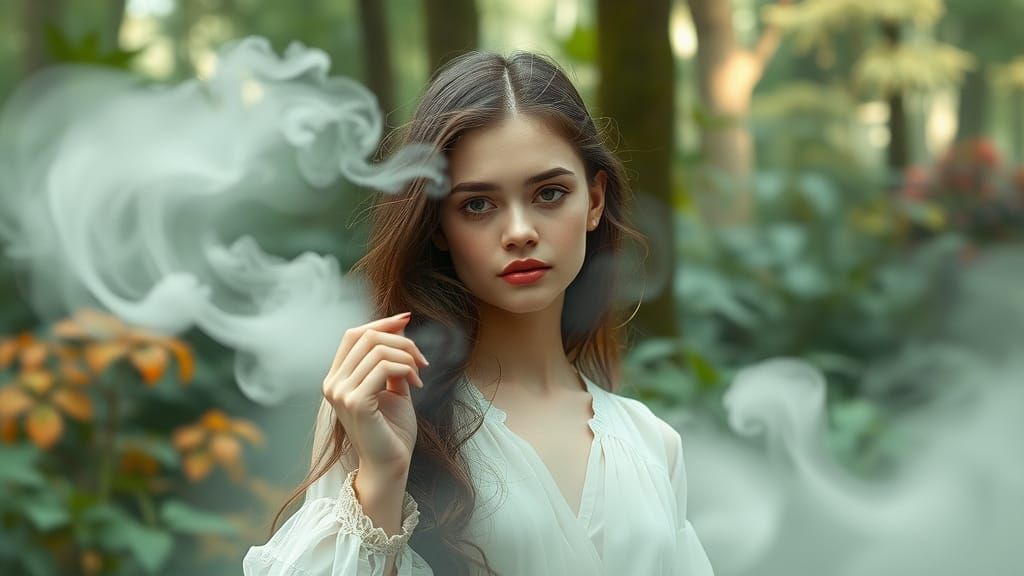 Ethereal Woman in Misty Forest, Watercolor Aesthetic