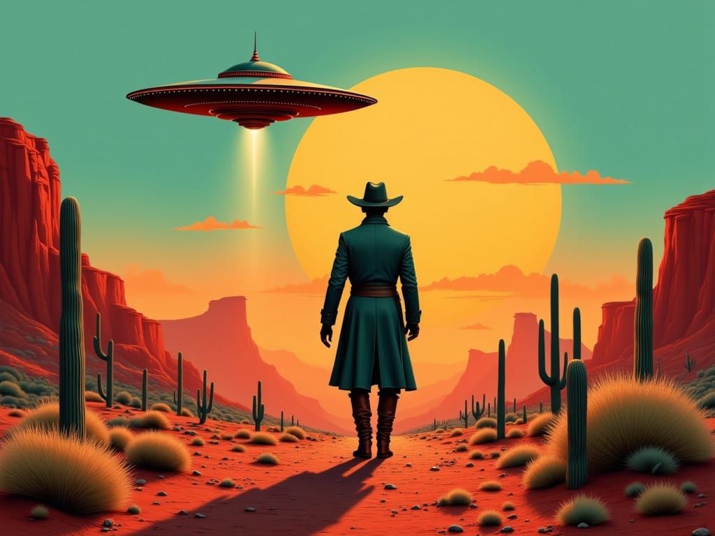 Retro-Futuristic Cowboy and UFO in Pop Surrealism
