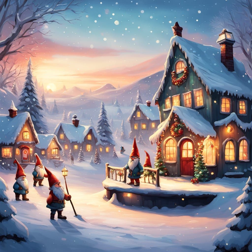 Whimsical Christmas Village at Sunset with Skating Gnomes