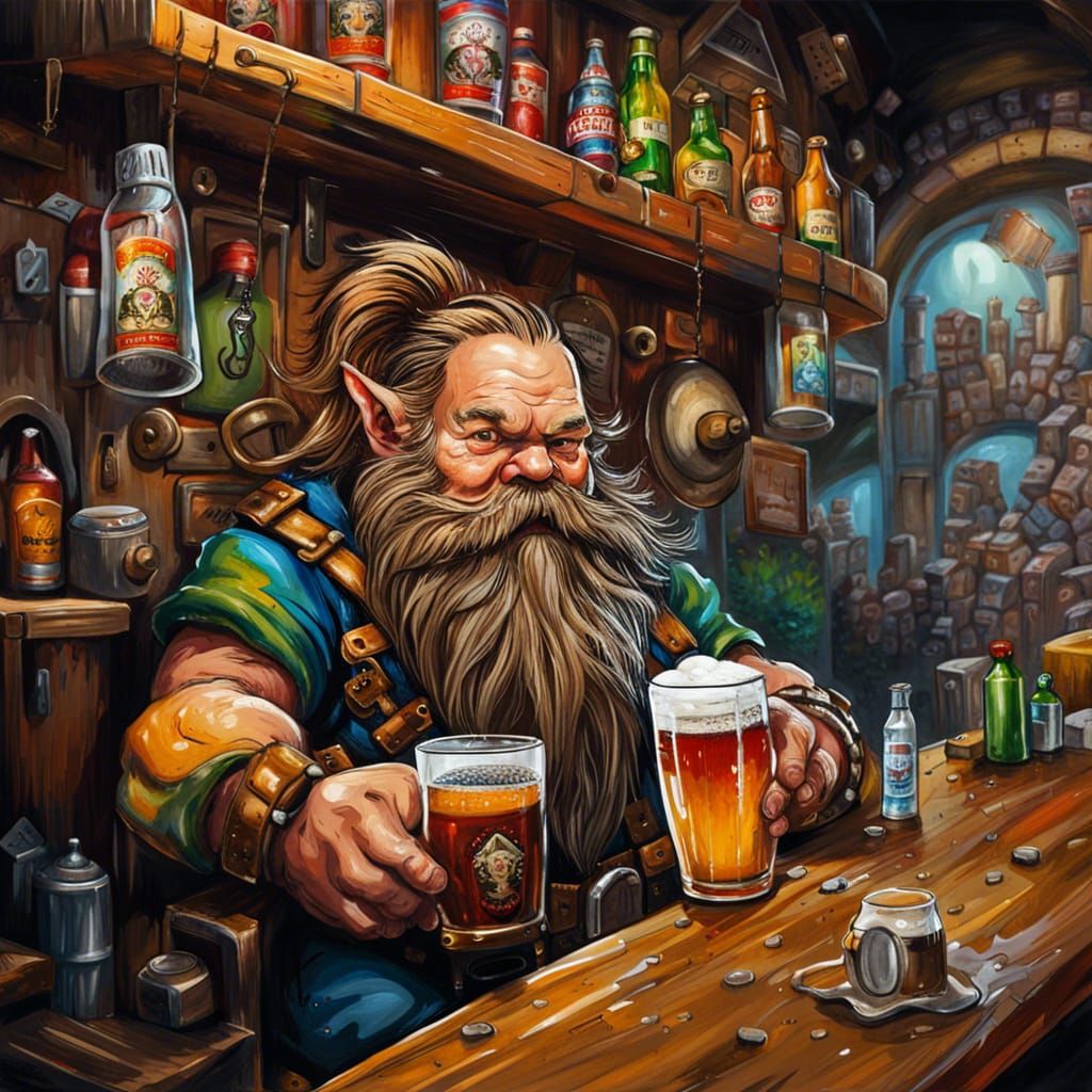 Dwarf in Pub with Beer: Graffiti Art Style