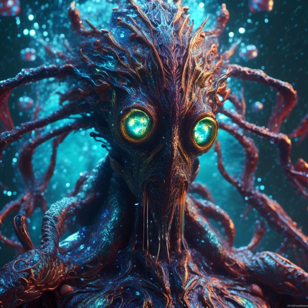 Handsome Kraken-Human Hybrid in Bioluminescent Ocean