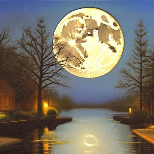 Bats Silhouetted by Full Moon, Oil Painting