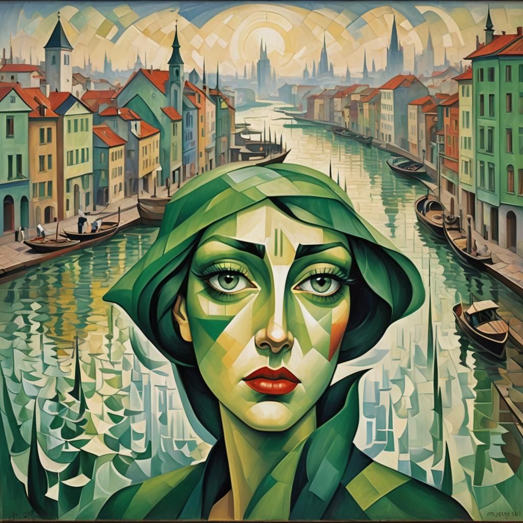 Green Eyes Weeping Blood in Cubist Cityscape