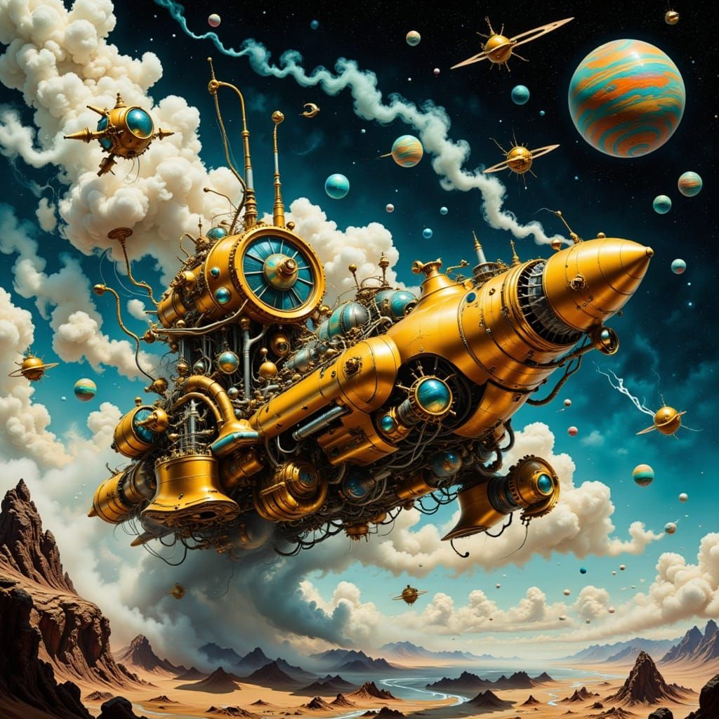 Steampunk Rocket Approaches Ringed Planet