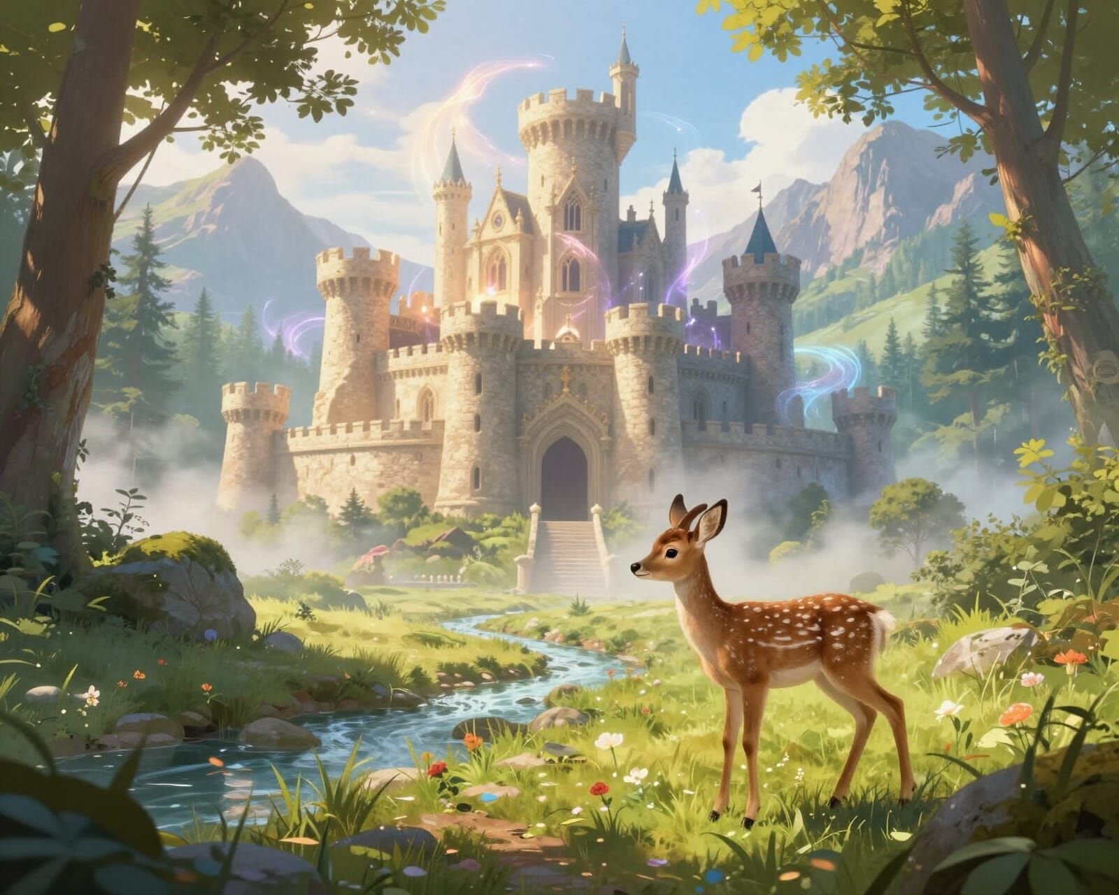 Magical Medieval Citadel with Wildlife in Luminous Fantasy S...