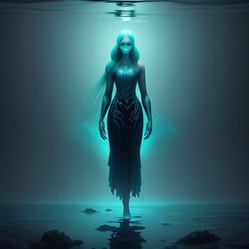 Underwater Woman in Surreal Bioluminescent Dreamscape