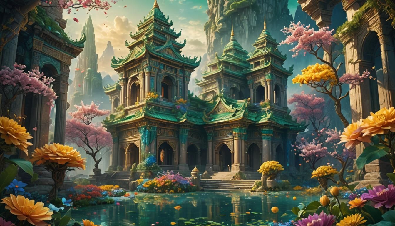 Mystical Temple with Vibrant Floral Patterns