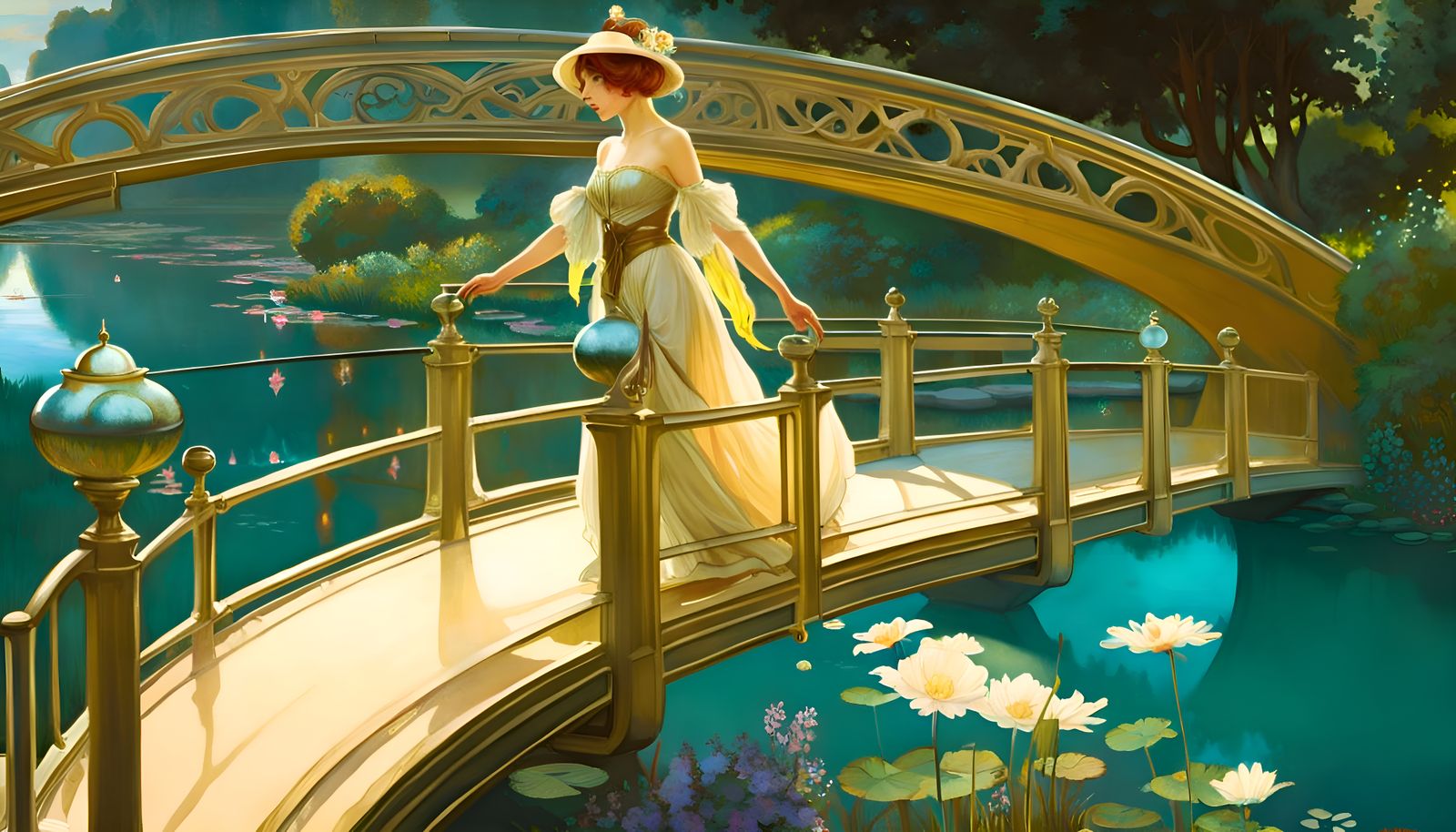 Gyn-Droid Girl Crossing Footbridge as Art Nouveau Painting