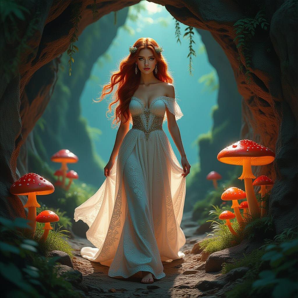 Maiden in Fiery Grotto: Folk Art Style