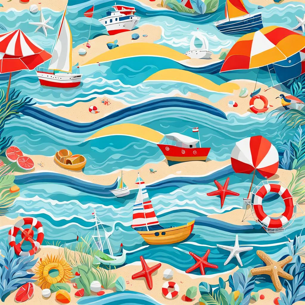 Hyperdetailed Summer Beach Scene in Maritime Colors