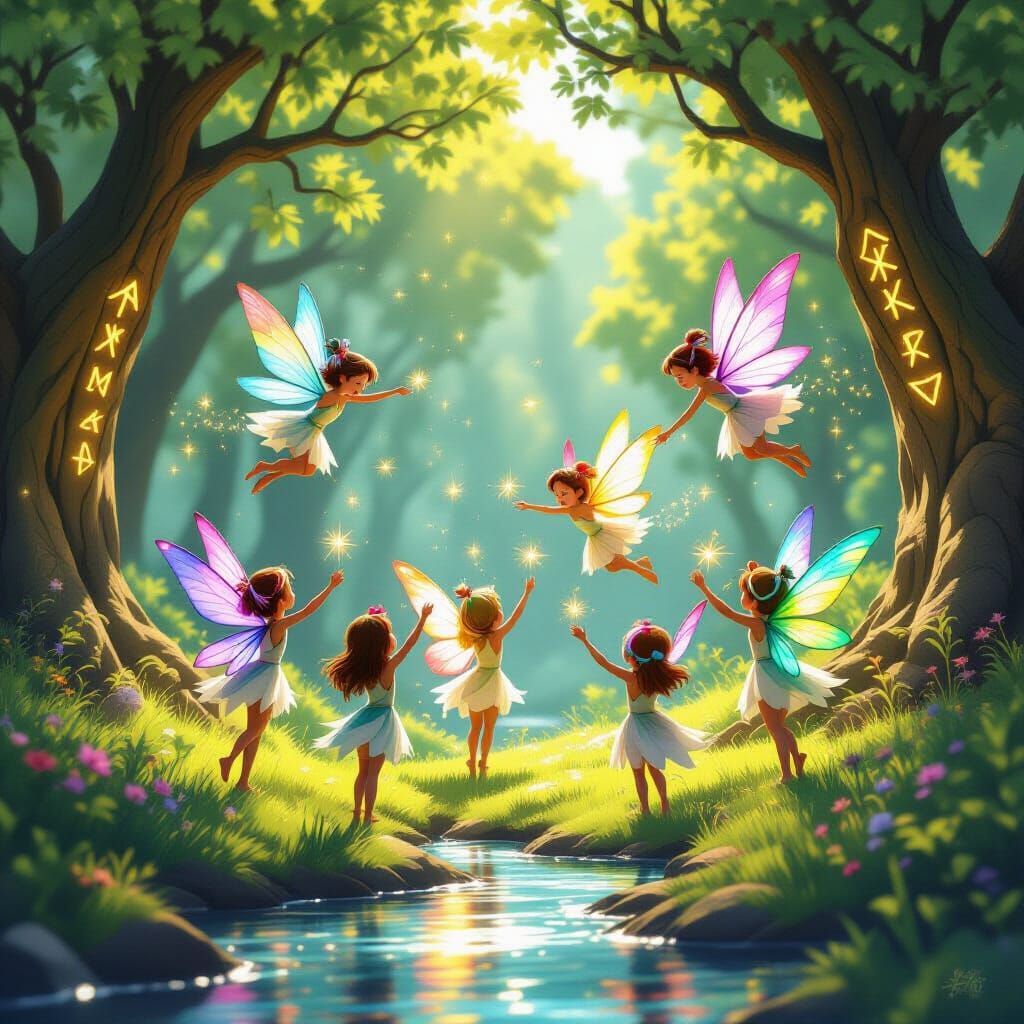Young Fairies Learning to Fly in Sunlit Clearing