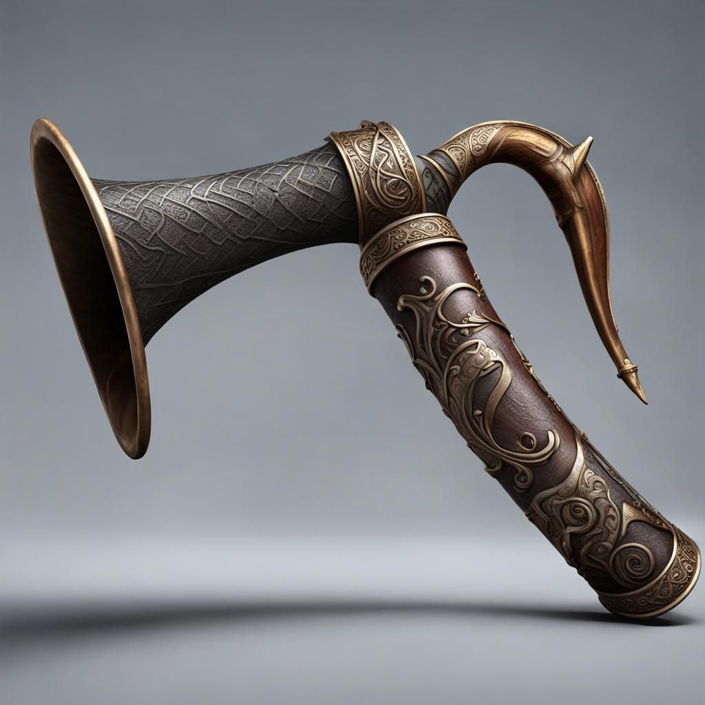 a Viking drinking horn with ornate norsic engravings and crafted from either horn or metal, similar to those found in Vi...