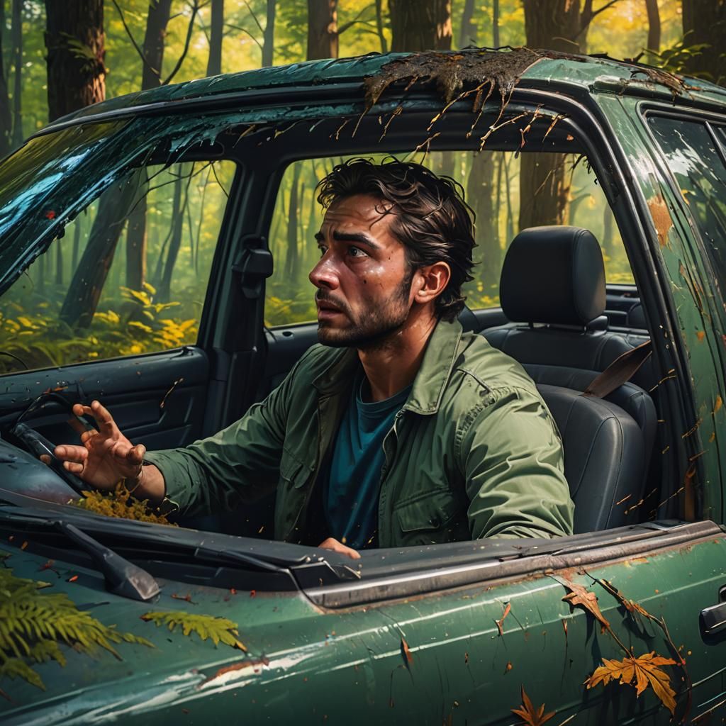 Frightened Man in Car Backseat: Hyperrealistic Forest Scene