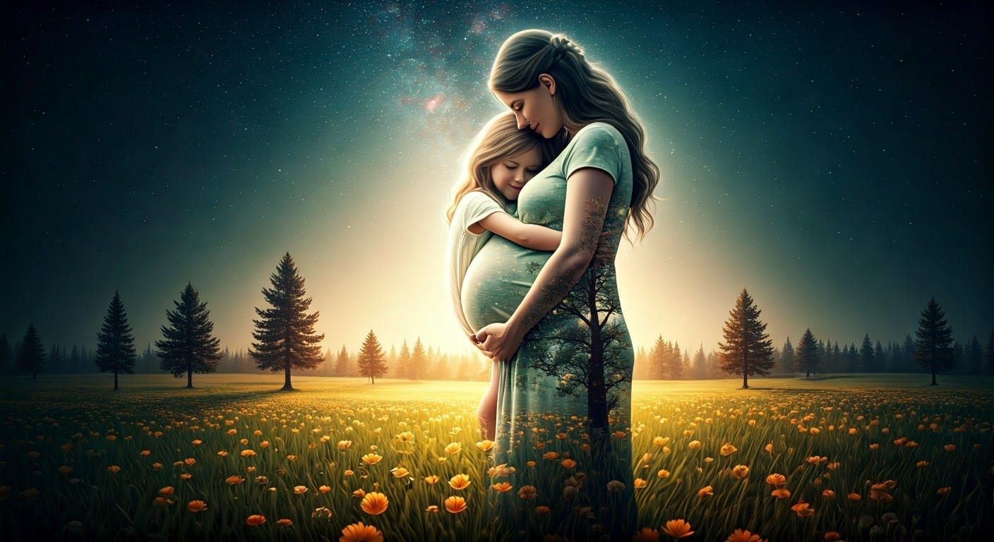 Pregnant Mother Embracing Childhood in Vibrant Cosmic Landsc...