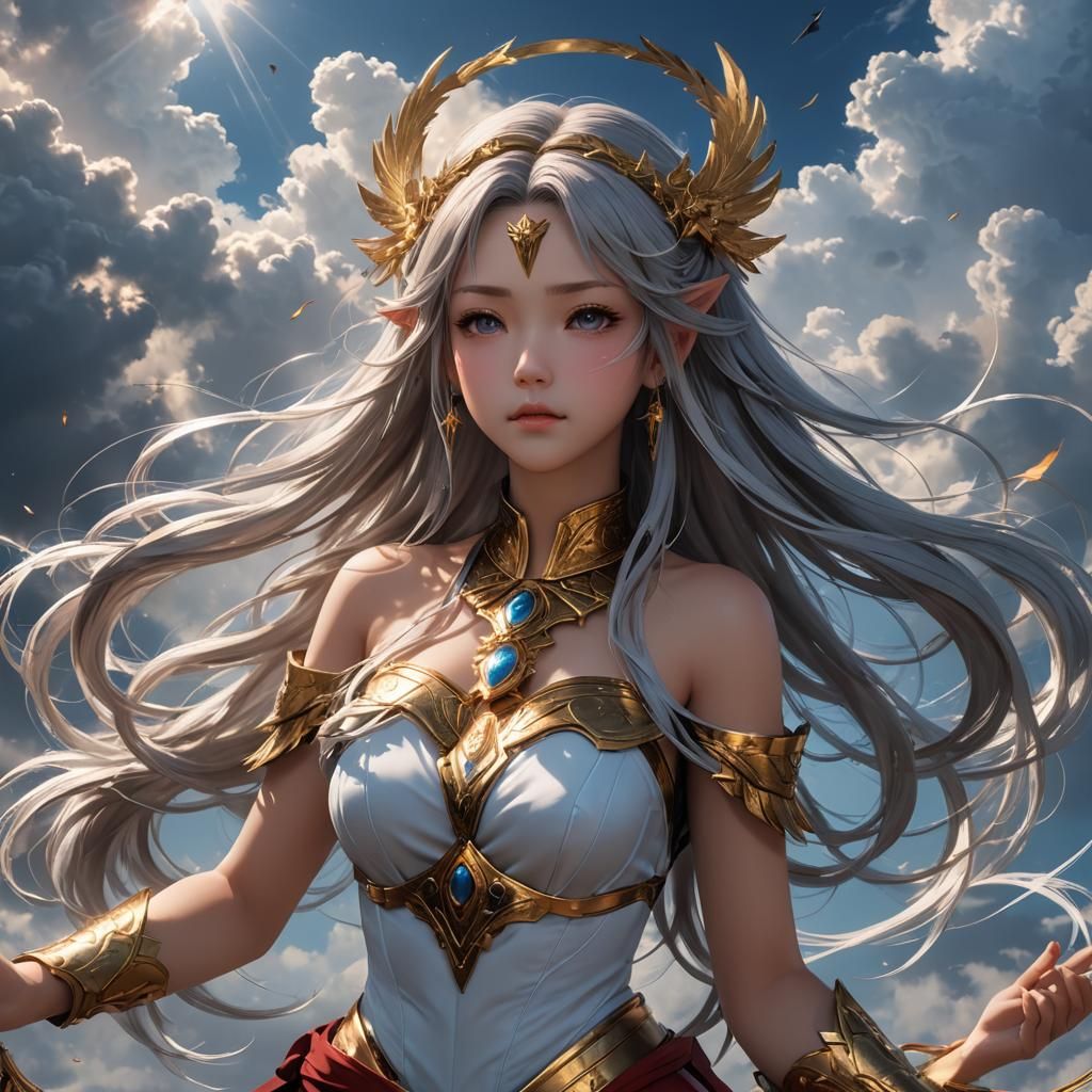 Anime Style Goddess with Flowing Hair and Blank Eyes