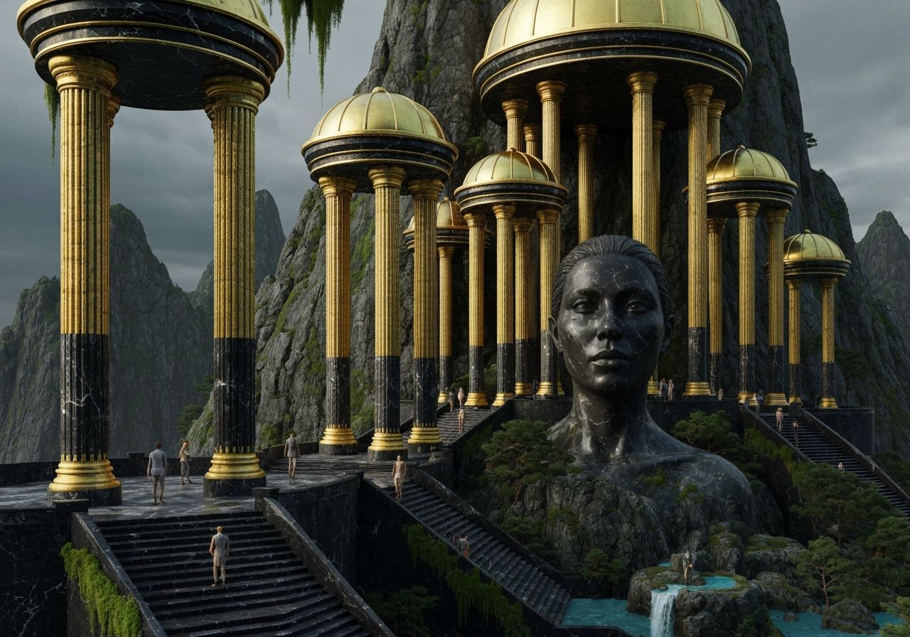 Majestic Marble Temple Cascading Down Mountain