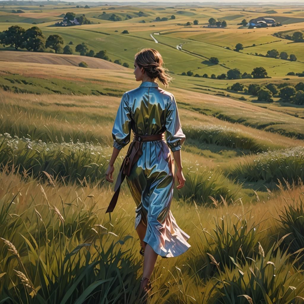Woman Walks in Hyperdetailed Iridescent Landscape