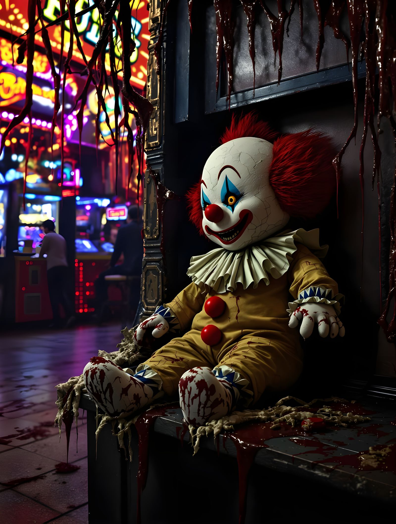 Creepy Clown Toy on Carnival Shelf in Dark Fantasy Style