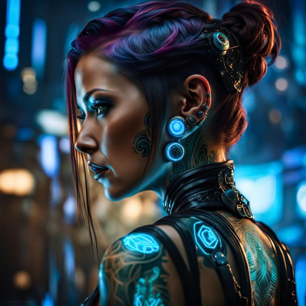 Cyberpunk Woman with Bioluminescent Tattoos and Bionics