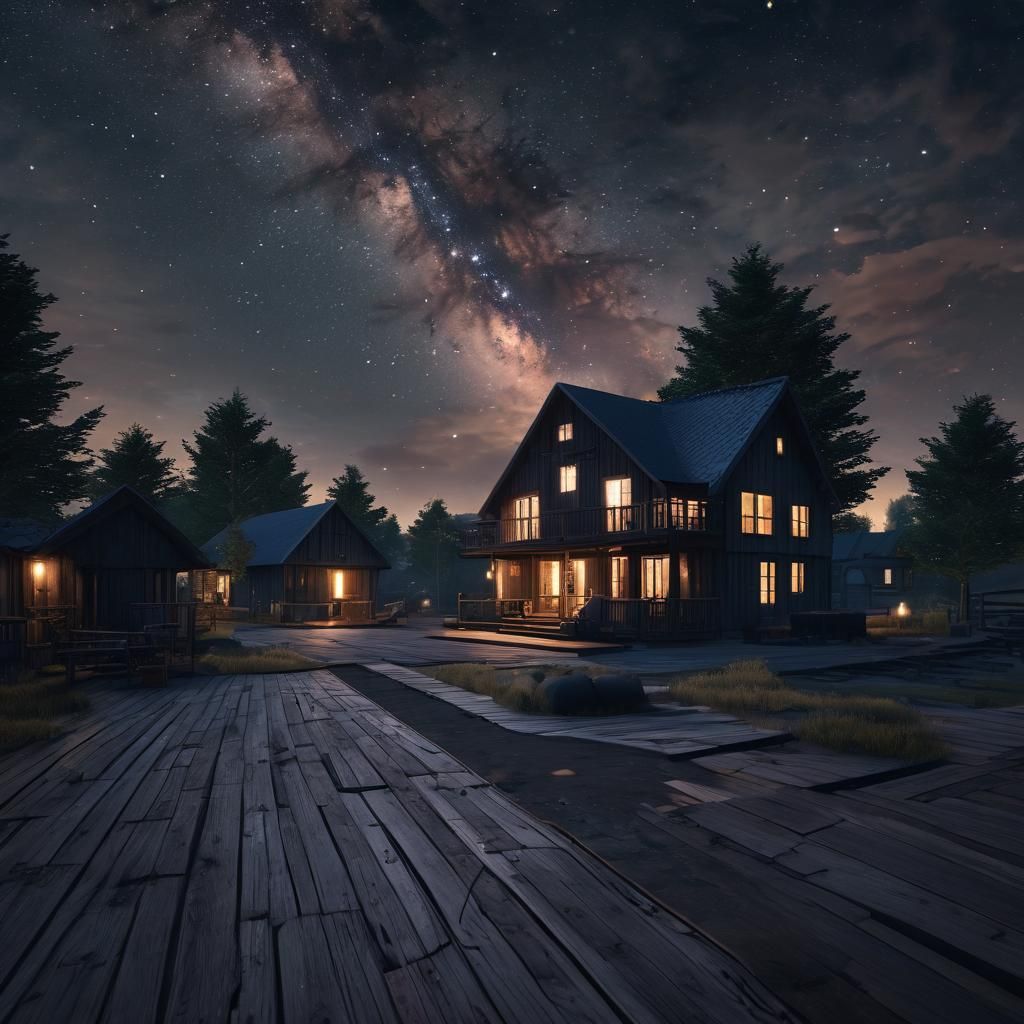 Cosmic Nightscape: A Surreal Starry Sky in Small Town Haven