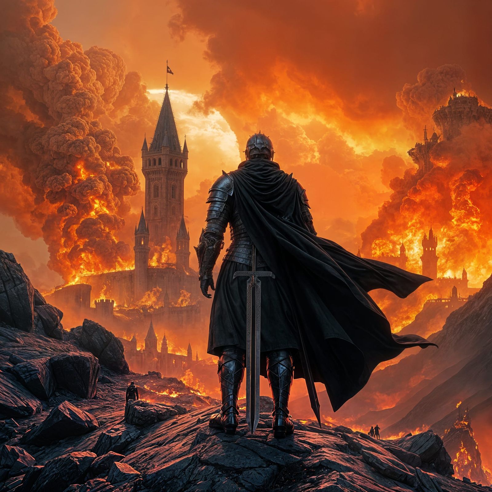 Knight Gazes at Burning Castle in Apocalyptic Scene