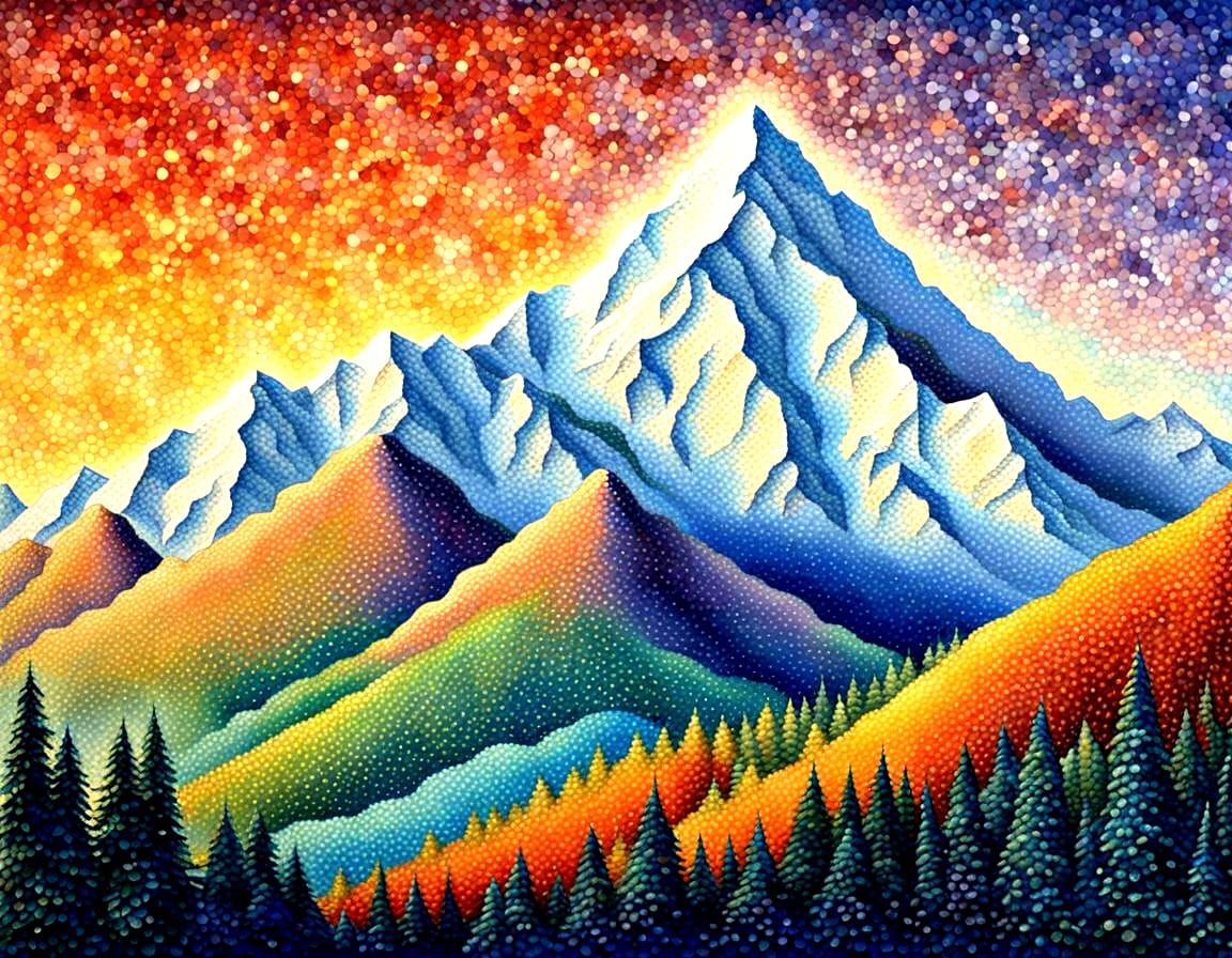 Himalayan Peaks in Pointillism Style