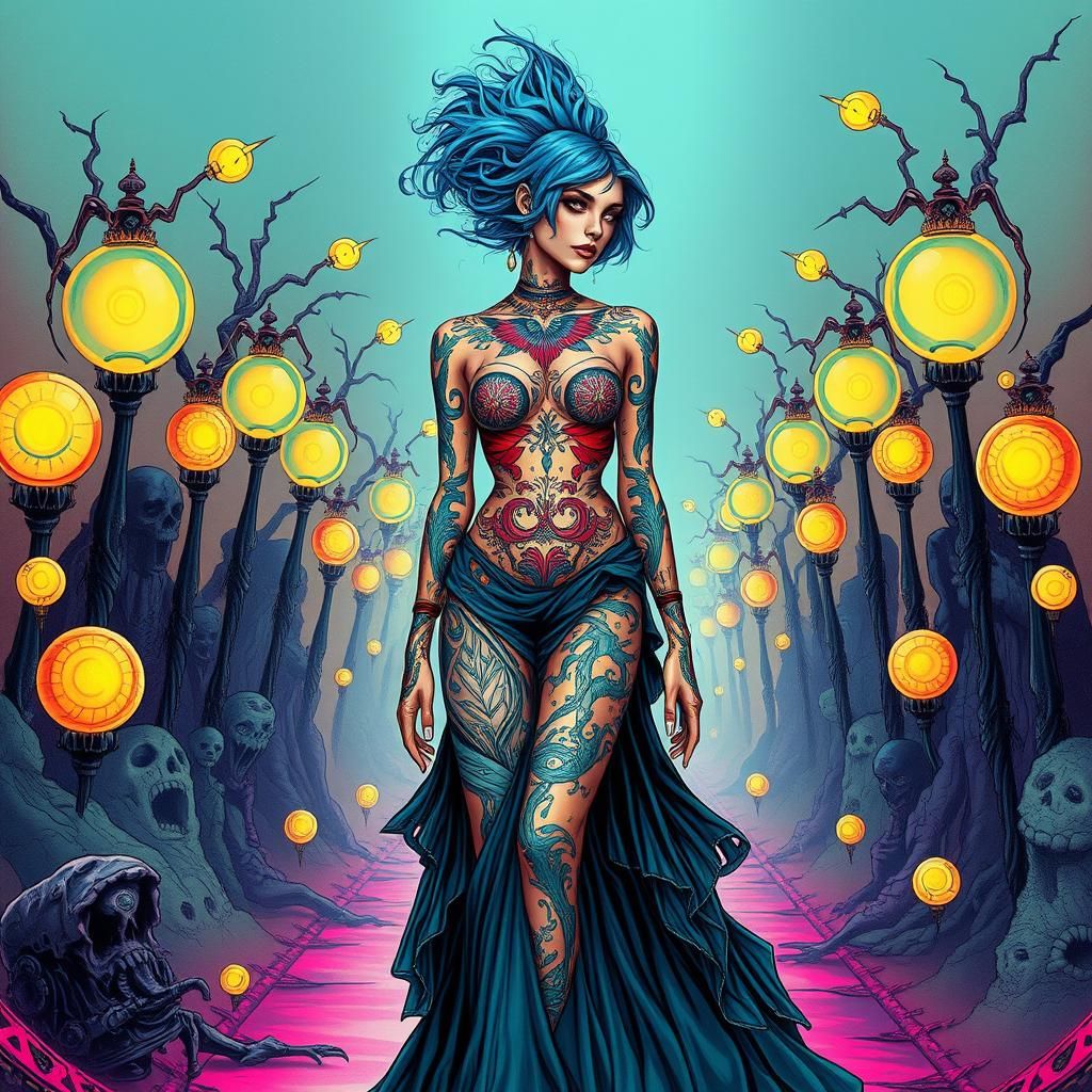 Tattoo Model on Dystopian Catwalk: Anime Impasto Style