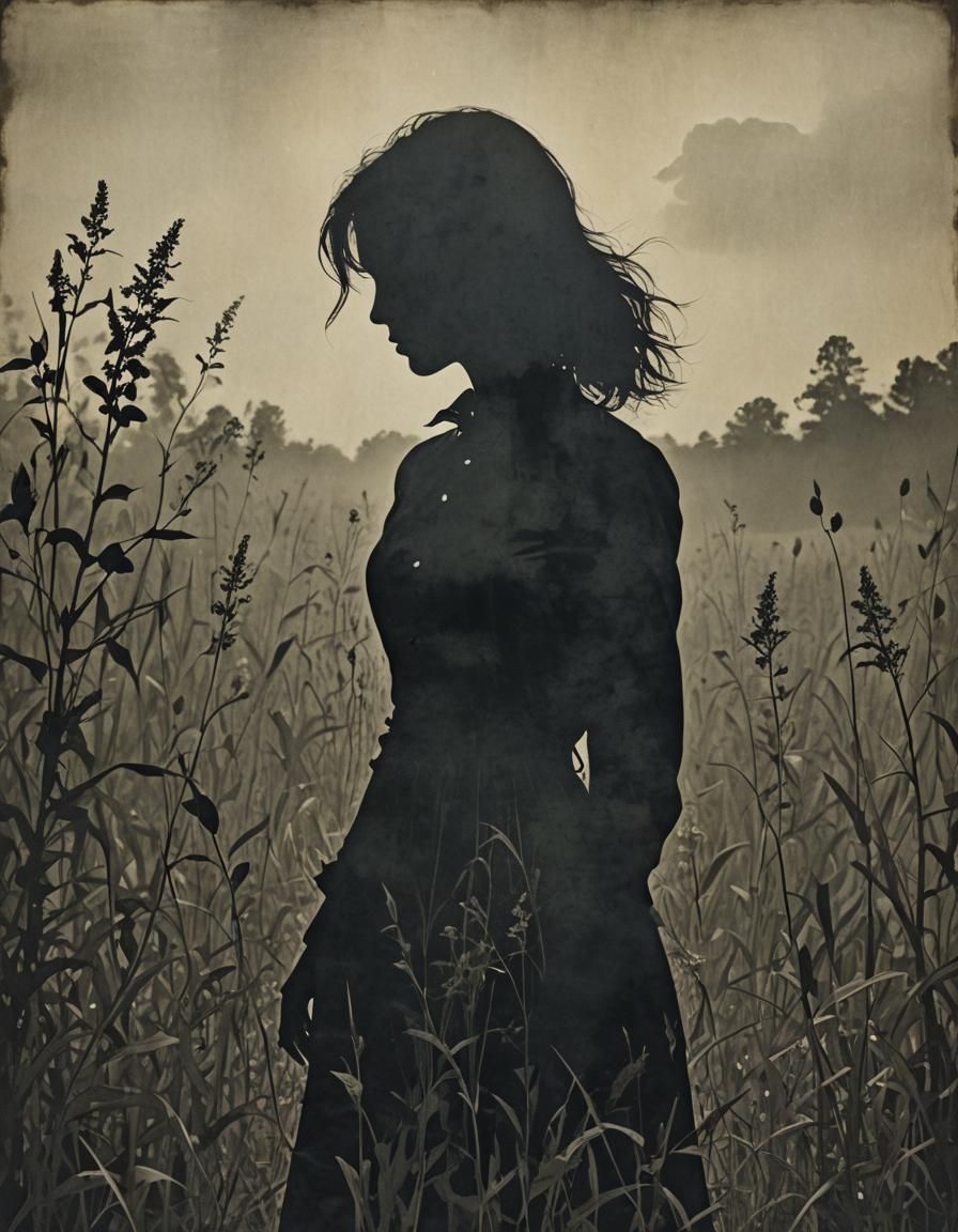 Eerie Silhouette Art: Woman in Meadow of Sadness