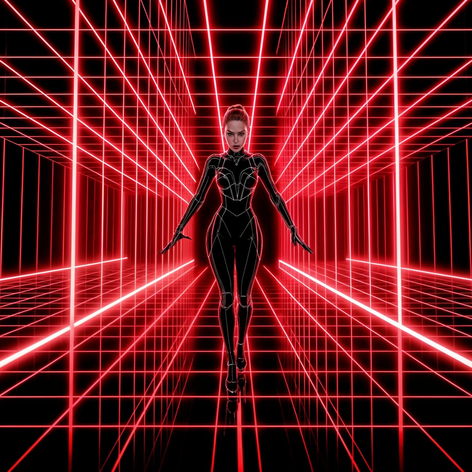 Futuristic Woman in Neon Mirror Hall
