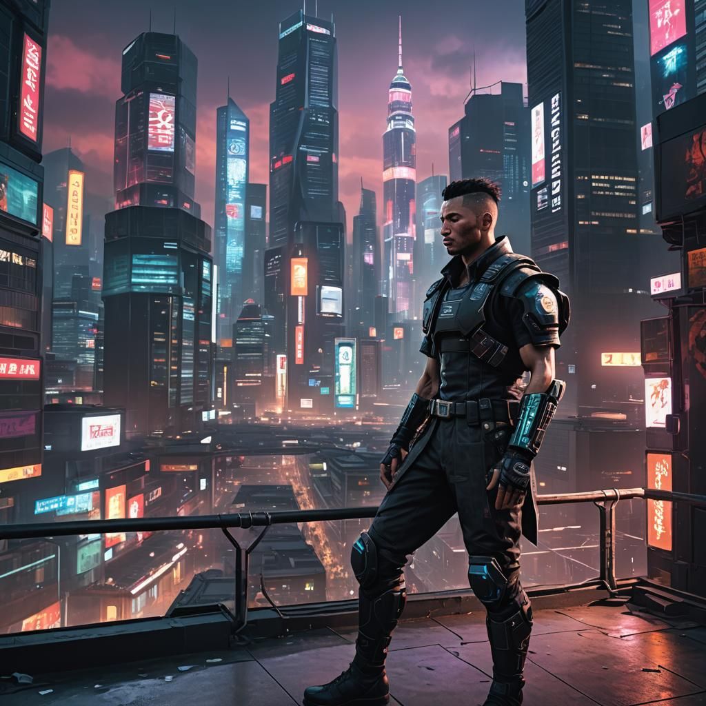 Cyberpunk Fighter Interview in a Neon City