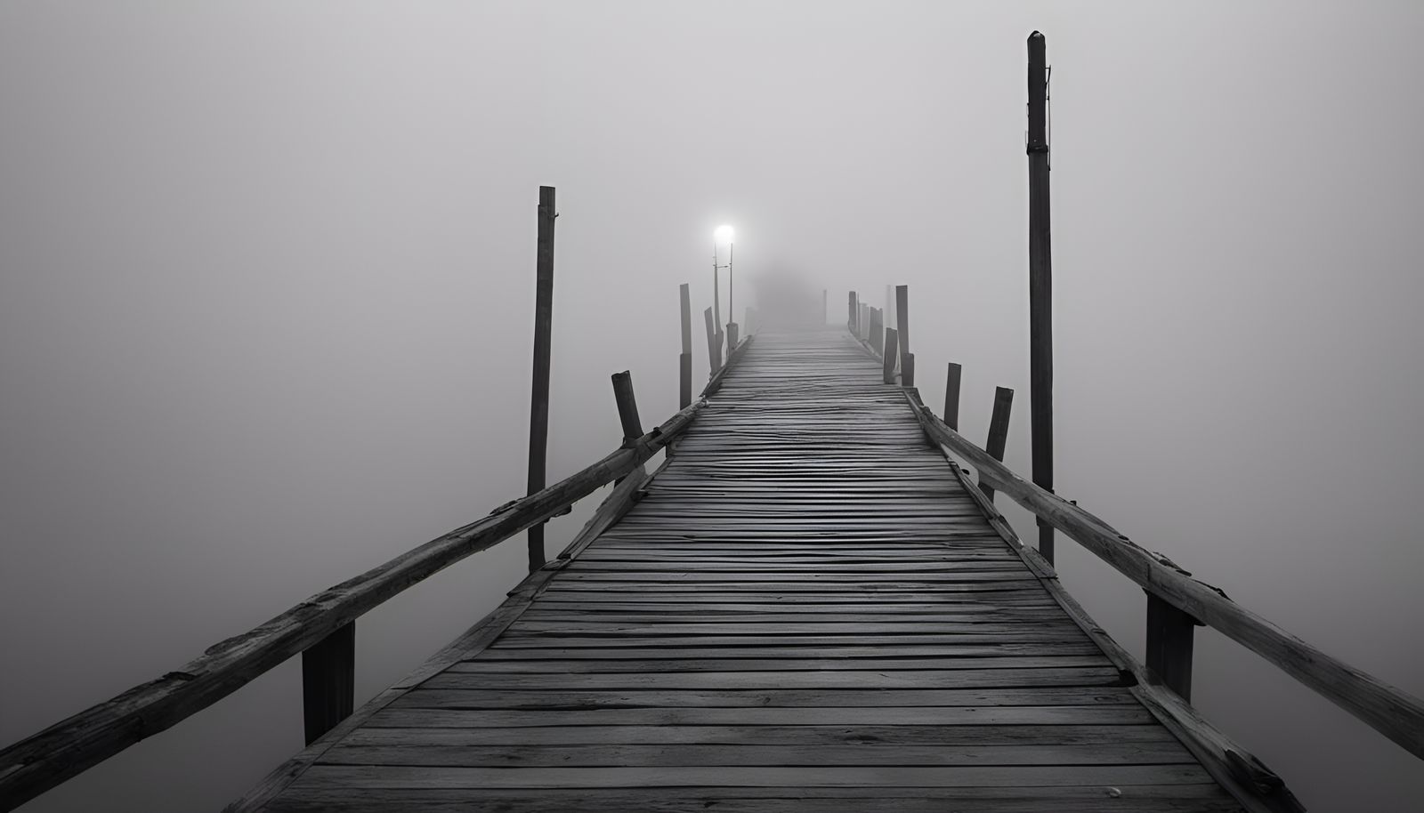 Sinister Fog Engulfs Jetty: Photorealistic Black and White